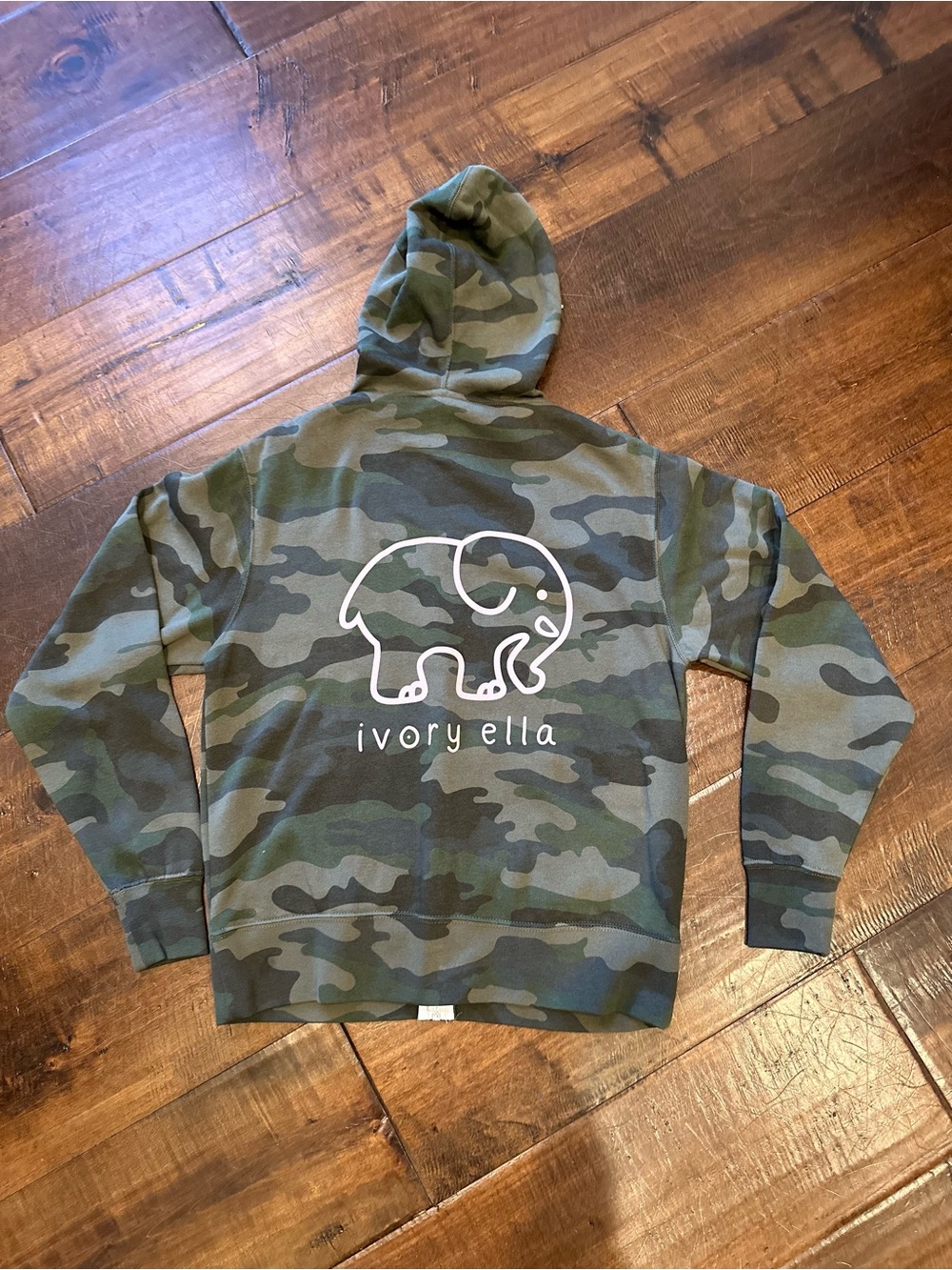 Ivory Ella Green Camo Hoodie with White Elephant Logo